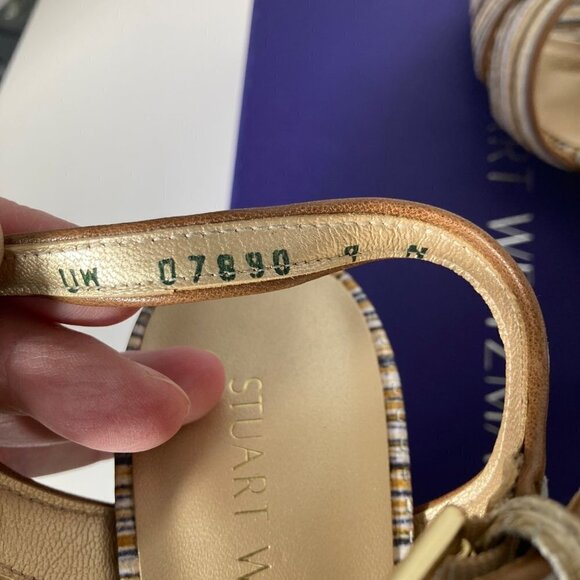 Womens Stuart Weitzman Sunlover Beige Weave Nappa Heeled Leather Sandal 9N - Picture 9 of 11